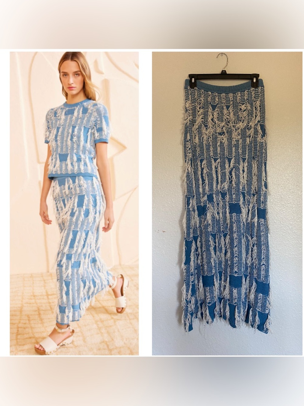 NWT Ulla Johnson Rylan Bluette Blue with white Fringe Knit Maxi Skirt